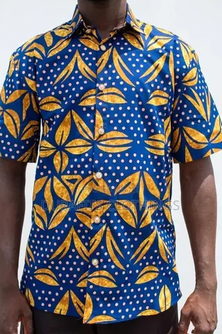 Men's Blue Gold African Print Short Sleeve Shirt - Batik Leaf