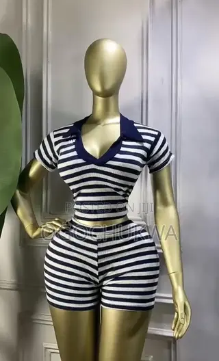 `Navy Blue White Striped Polo Crop Top and Shorts Set`