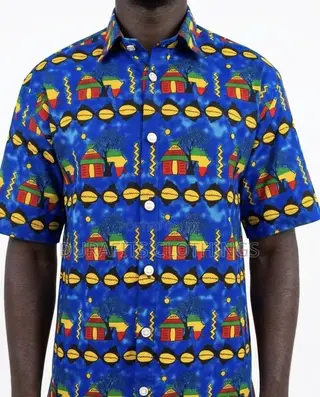 Men’s Blue Heritage Motif African Print Short-Sleeve Shirt