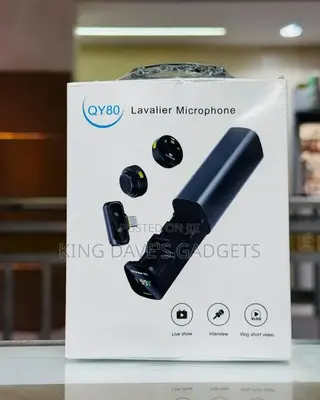 QY80 Wireless Lavalier Microphone Set With a Magnetic Charging Case.