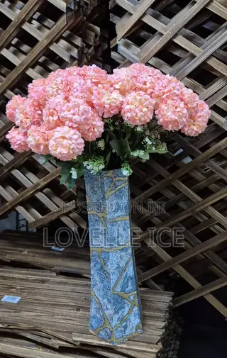 Turquoise Blue/Gold Floor Vase With Hydrangea Flowers