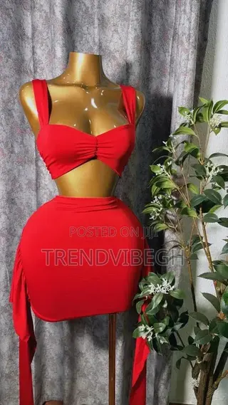 Women's Red Two Piece Skirt Set -Crop Tops Mini Skirt
