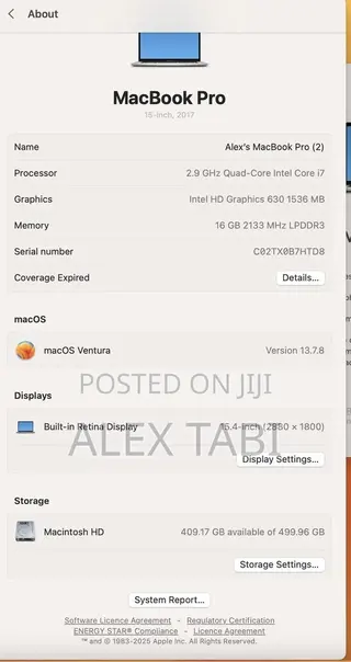 Laptop Apple MacBook Pro 2017 16GB Intel Core i7 SSD 512GB