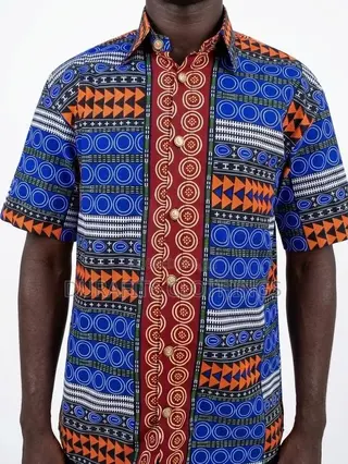 Men’s Multi-Pattern Geometric African Print Short-Sleeve Shirt