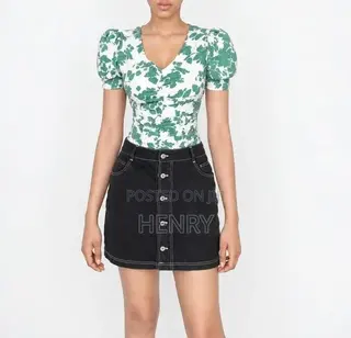 Black Denim Button Front Mini Skirt - High Waist - Size S/M