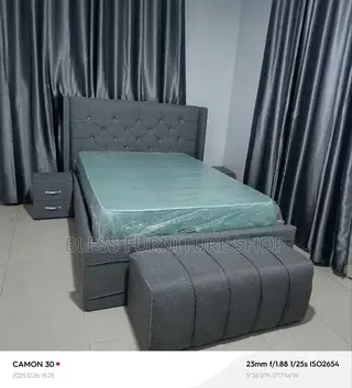 Dark Gray Double Bed Frame With Side Drawers and Ottoman With Mattress