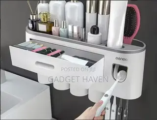 Toothbrush Holder With 4 Cups, Large Capacity Tray, 2 Cosmetic Drawers