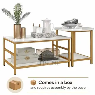 Coffee Tables 2-Rier Rectangle and Round Table With Shelves, White