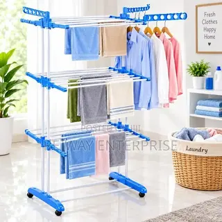 Tier Blue and White Drying Rack With Wheels and Hanging Rail