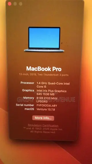 Laptop Apple MacBook Pro 2019 8GB Intel Core i5 SSD 256GB