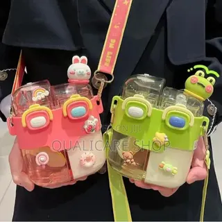 Cartoon Double Container Water Bottle With Straw