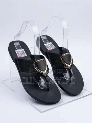 Brand New Women's Black Thong Slippers With Gold Metal Buckle - Size40