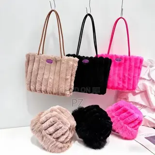 Women's Plush Fur Casual Tote Bag Hat Set