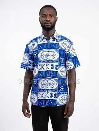Men's Blue White African Adinkra Print Short Sleeve Shirt