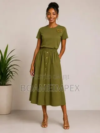 Women’s 2Piece Top Button-Front Skirt– Brown/Cream/Black/Green