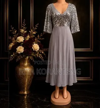 UK Silver Sequin + Grey Chiffon Dress