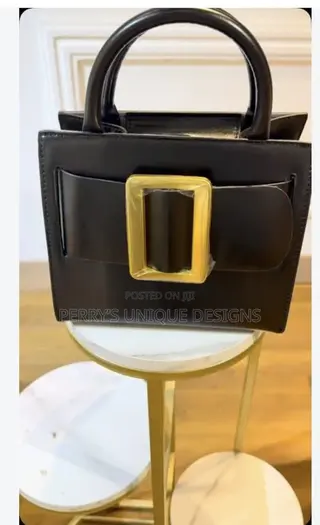 Luxury Structured Black Mini Handbag With Gold Buckle Accent
