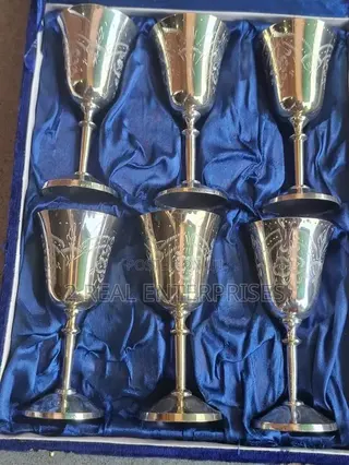 Vintage Engraved Silver Plated Brass Wine Goblet Chalice Set 6 Pieces