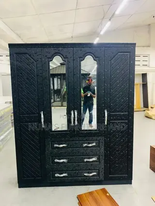Modern Black 4-Door Wardrobe With Mirrors & Drawers