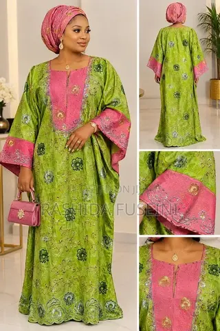 Beautiful Green & Pink Embroidered Boubou Fabric