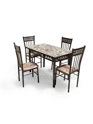4 Seater Metal Dining Set- Marble Top Table Set+4 Cushioned Chairs