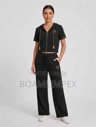 Ladies 2pc Hooded Set | Zip Top & Wide-Leg Trousers | Navy/Black