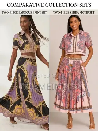 Women's Geometric Print 3/4 Sleeve Top & High Waist Pleated Skirt