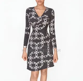 Ladies Black & White Chain Print v-Neck Bodycon Dress - Size S`