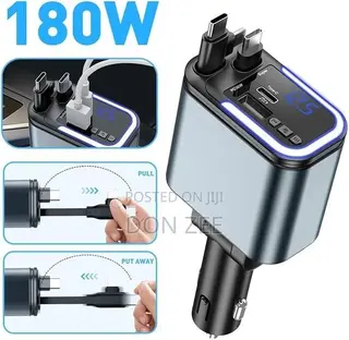 180W Super Fast Car Charger With Dual Telescopic Cable MP3 5-in-1 Char