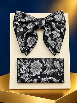 Elegant Silver and Black Bow Tie With Pocket Kerchief