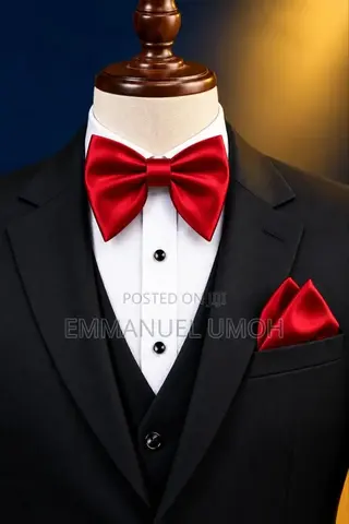 Classy Red Satin Butterfly Bow Tie With Pocket Kerchief