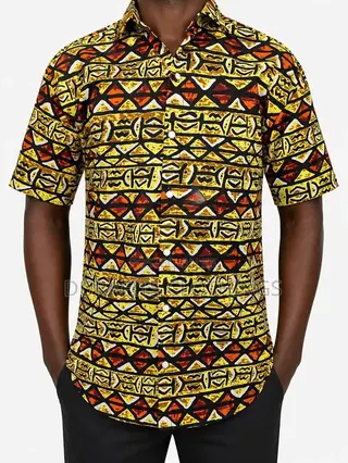 Men's African Print Short Sleeve Shirt - Yellow Orange