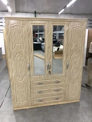 Modern Cream Color 4-Door Wardrobe With Mirrors & Drawers