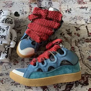 Lanvin Curb Leather & Suede Sneaker (Blue / Red)