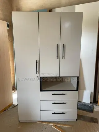 Modern 3 Door White Wardrobe With Drawers and Open Shelf Storage