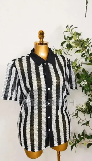 Unisex Black and White Striped Textured Button Up Shirt
