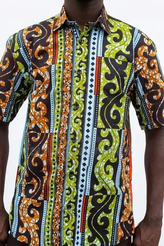 Men’s Olive & Orange Scroll African Print Shirt