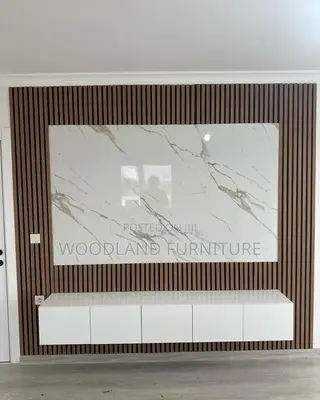 Modern Marble & Wood Slat TV Feature Wall With Floating Media Console