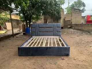 Bold Grey Velvet Bed Frame With Gold Accents