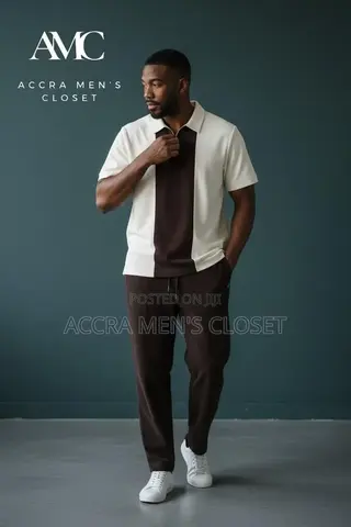 Men's 2-Piece Casual Set - V-Neck, Colour Block Polo Trouser Sets