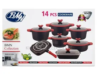 BMN 14 PCS Non-Stick Cookware Set With Glass Lids - 5 Layer Coating