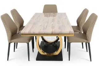 6-Seater White Marble Stainless Leg Dining Table With Chairs