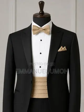 Bow Tie With Cummerbund and Pocket Kerchief. Suits, Shirts Available.