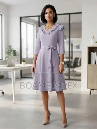 Ladies Office Wear v-Neck a-Line Midi Dress With Matching Belt
