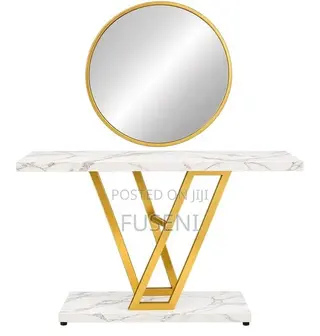 V-Shaped White Marble Console Table & 28" Round Gold Mirror Set