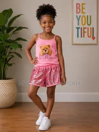 Girls’ Pink Teddy Bear Top and Sequin Shorts Set