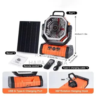 20,000mAh Solar Rechargeable Fan With Lamp, Remote Solar Panel