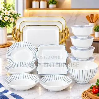 White and Gold Dinner Ware Set With Gold-Trimmed Serving Trays