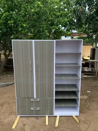 Modern Gray Wood-Grain Wardrobe With Open Shelving Spacious & Storage
