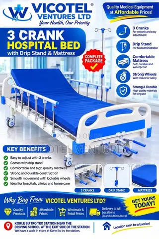 3 Crank Hospital Bed With Mattress and Drip Stand